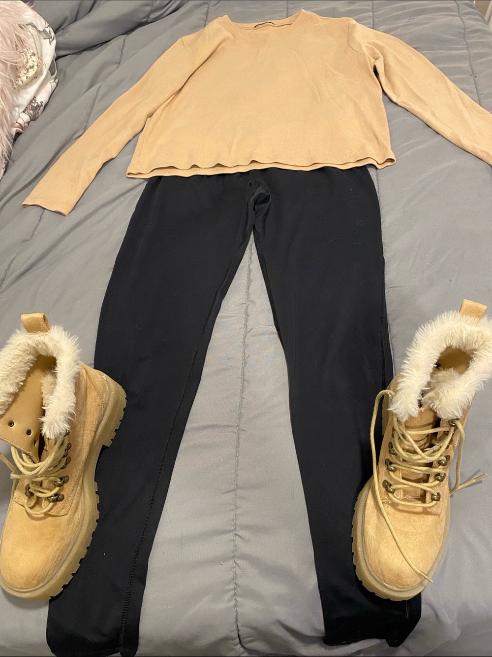 Set of 3 Beige boots size 5.5 . Black leggings size small and a beige long sleev